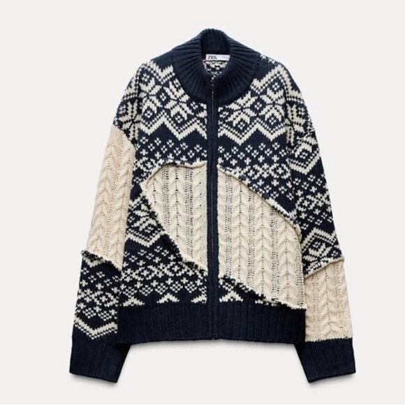 Zara Cable Knit Jacquard Cardigan Wool Ecru Blue Zip Up Jacket Small S New - Picture 3 of 7